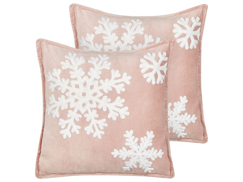 Set of 2 Scatter Cushions Pink White Cotton Velvet 45 x 45 cm Christmas Motif Snowflake Print Accessories Festive Decor Beliani