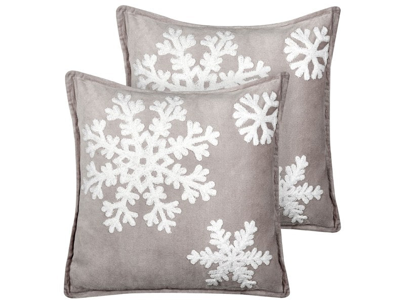 Set of 2 Scatter Cushions Grey White Cotton Velvet 45 x 45 cm Christmas Motif Snowflake Print Accessories Festive Decor Beliani