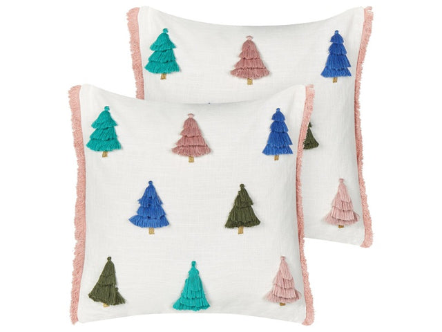 Set of 2 Scatter Cushions Multicolour Cotton 45 x 45 cm Christmas Motif Christmas Tree Print Accessories Festive Decor Beliani