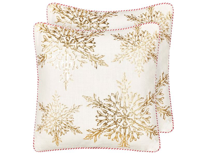 Set of 2 Scatter Cushions White Gold Cotton 45 x 45 cm Christmas Motif Snowflake Print Accessories Festive Decor Beliani