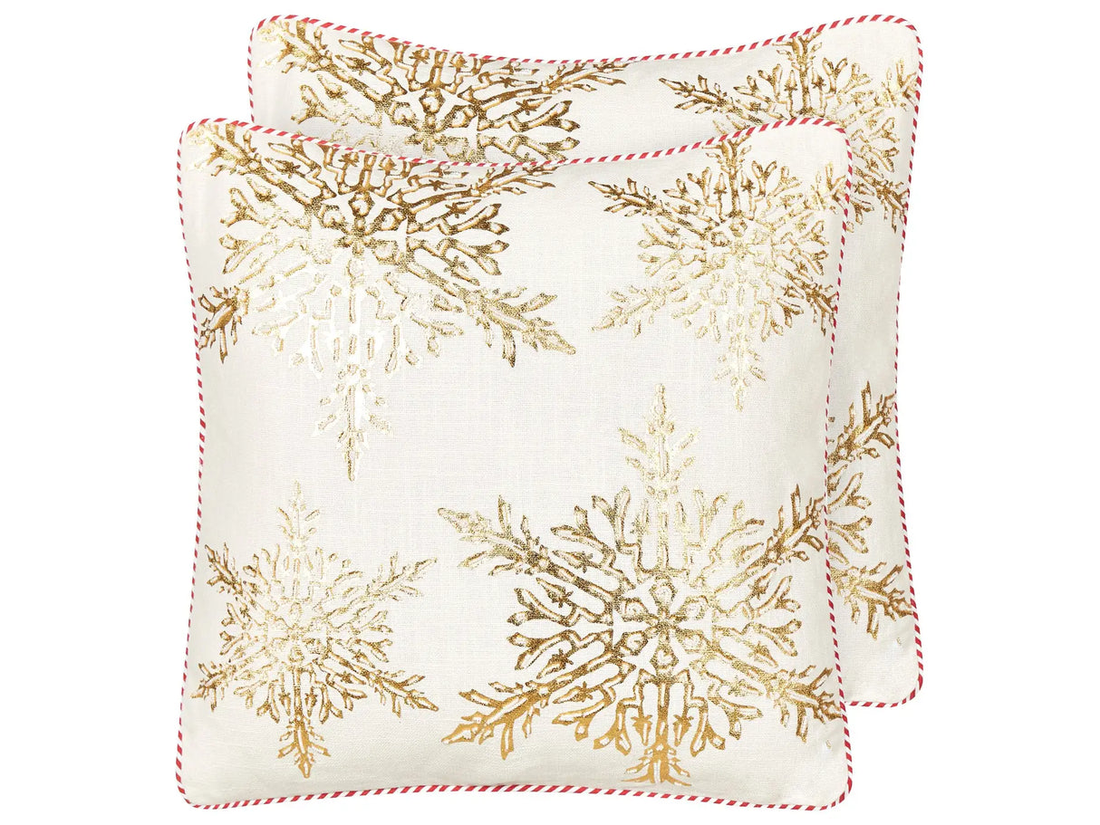 Set of 2 Scatter Cushions White Gold Cotton 45 x 45 cm Christmas Motif Snowflake Print Accessories Festive Decor Beliani