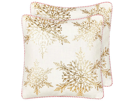 Set of 2 Scatter Cushions White Gold Cotton 45 x 45 cm Christmas Motif Snowflake Print Accessories Festive Decor Beliani