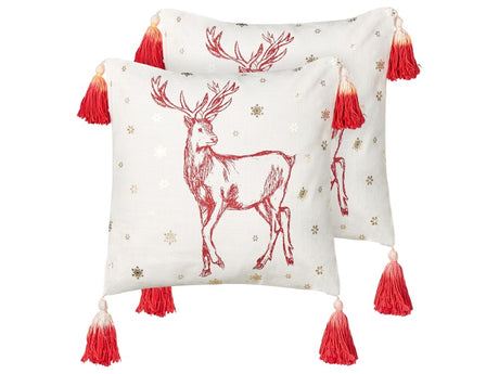 Set of 2 Scatter Cushions White Red Cotton 45 x 45 cm Christmas Motif Reindeer Print Tassels Accessories Festive Decor Beliani