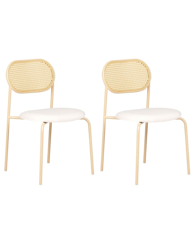 Set of 2 Dining Chairs Light Wood Effect Metal Frame Beige Fabric Seat Viennese Braid Backrest Retro Seating Beliani