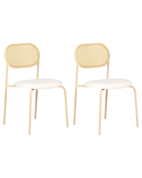 Set of 2 Dining Chairs Light Wood Effect Metal Frame Beige Fabric Seat Viennese Braid Backrest Retro Seating Beliani