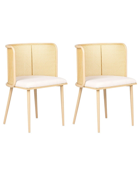 Set of 2 Dining Chairs Light Wood Effect Metal Frame Beige Fabric Seat Viennese Braid Backrest Retro Seating Beliani