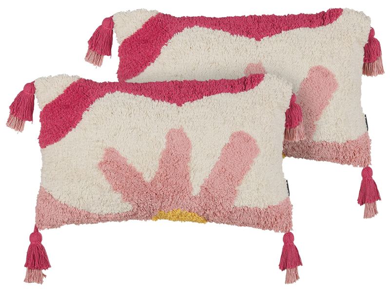 Set of 2 Tufted Scatter Cushions Pink and White Cotton 30 x 50 cm Flower Motif with Tassels Boho Decor Accessories Beliani