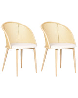 Set of 2 Accent Dining Chairs Metal Light Wood Effect Frame Light Beige Fabric Seat Viennese Braid Backrest Retro Seating Beliani