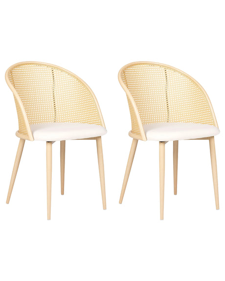 Set of 2 Accent Dining Chairs Metal Light Wood Effect Frame Light Beige Fabric Seat Viennese Braid Backrest Retro Seating Beliani