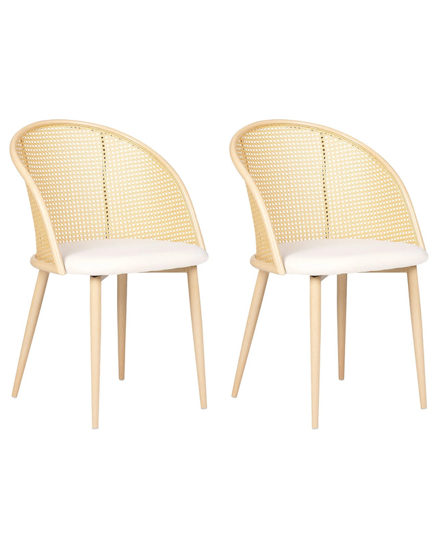 Set of 2 Accent Dining Chairs Metal Light Wood Effect Frame Light Beige Fabric Seat Viennese Braid Backrest Retro Seating Beliani