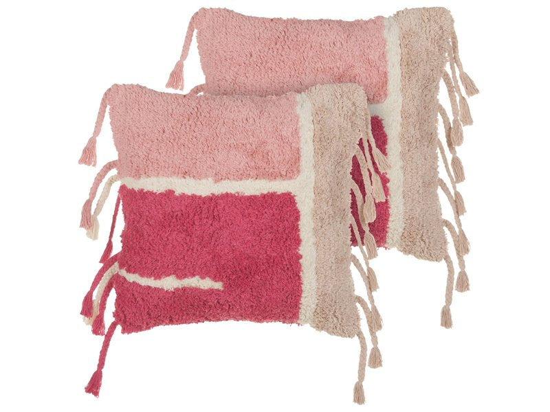 Set of 2 Tufted Scatter Cushions Pink Cotton 45 x 45 cm with Tassels Boho Style Decor Accessories Beliani