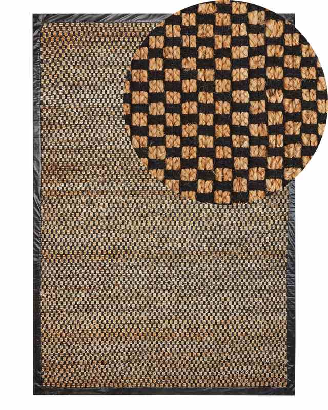 Area Rug Black and Beige Jute Cotton Leather 140 x 200 cm Rectangular Handwoven Carpet Checked Pattern Rustic Traditional Design Beliani