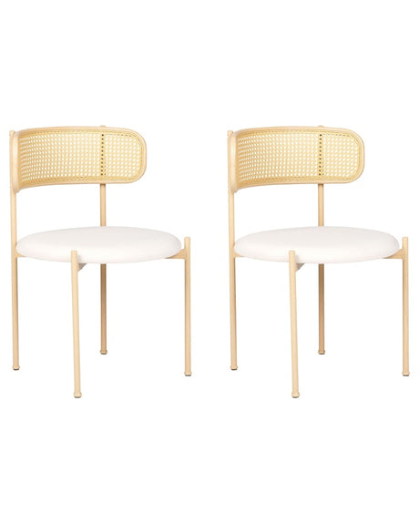 Set of 2 Accent Dining Chairs Metal Light Wood Effect Frame Beige Fabric Seat Viennese Braid Backrest Retro Seating Beliani