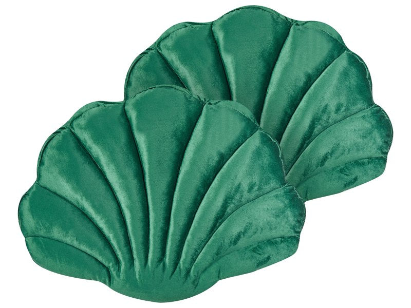 Set of 2 Seashell Scatter Cushions Emerald Green Velvet Scallop Shape Throw Pillow Decoration Marine Theme Textiles Beliani