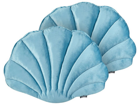 Set of 2 Seashell Scatter Cushions Light Blue Velvet Scallop Shape Throw Pillow Decoration Marine Theme Textiles Beliani