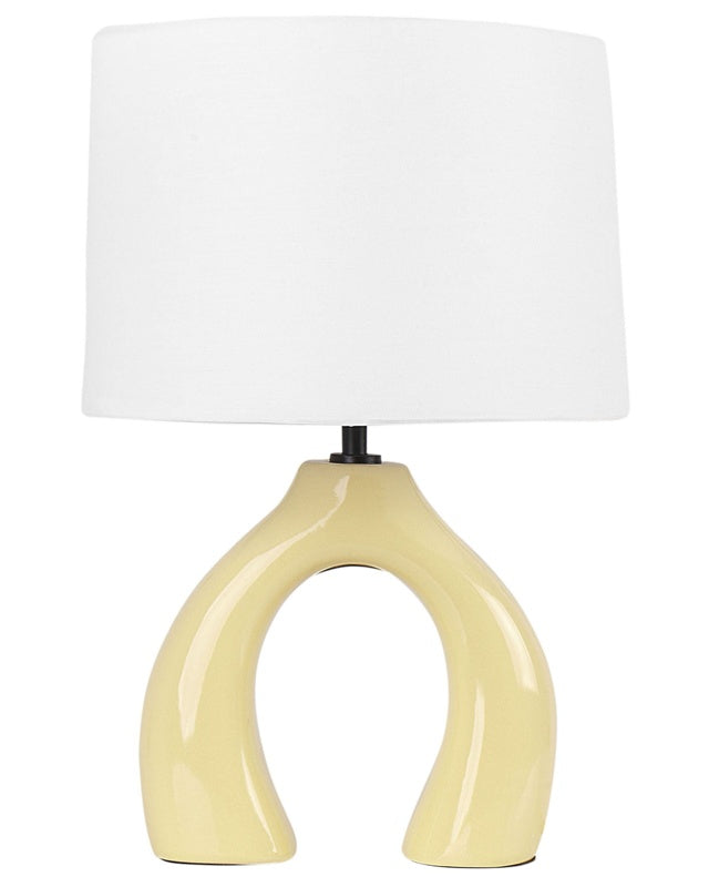 Table Lamp Yellow Ceramic Polyester Cotton Drum Shaped Shade Half-Round Base Minimalistic Design Beliani