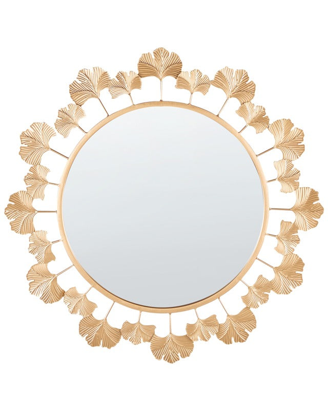 Accent Mirror Gold Metal Round 60 cm Gingko Tree Leaves Glamorous Living Room Bedroom Beliani