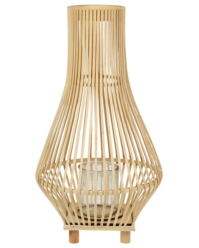 Candle Lantern Light Wood Willow 58 cm with Glass Floor Candle Holder Boho Style Indoor Beliani