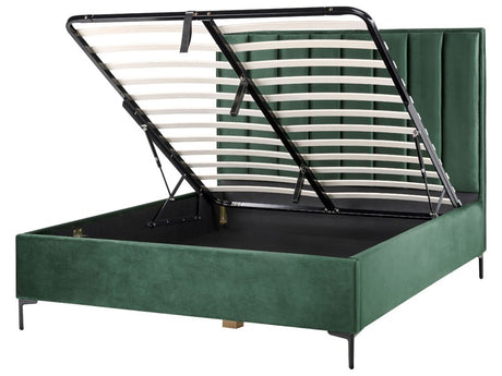 Bed Frame Green Velvet EU King Size 5ft3 with Ottoman Storage Padded Headboard Black Metal Legs Beliani