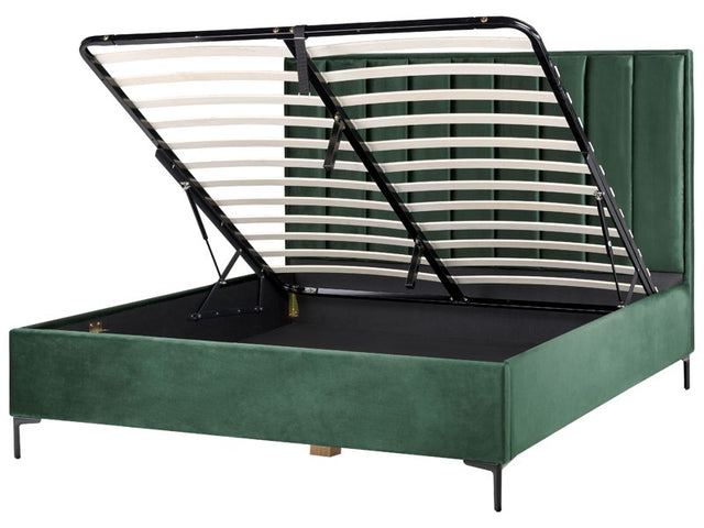 Bed Frame Dark Green Velvet EU Super King Size 6ft with Ottoman Storage Padded Headboard Black Metal Legs Beliani