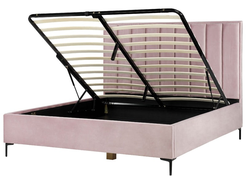 Bed Frame Pink Velvet EU Super King Size 6ft with Ottoman Storage Padded Headboard Black Metal Legs Beliani