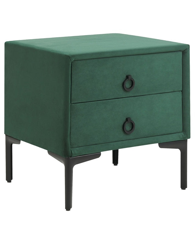 Bedside Table Dark Green Velvet Black Metal Legs with 2 Storage Drawers 44x 38 cm Nightstand Beliani