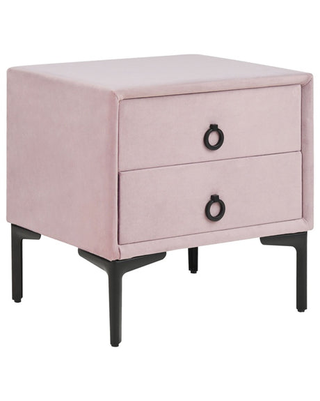 Bedside Table Pink Velvet Black Metal Legs with 2 Storage Drawers Nightstand Beliani