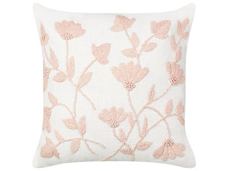 Scatter Cushion White and Pink Cotton 45 x 45 cm Handmade Throw Pillow Embroidered Floral Pattern Flower Motif Removable Cover Beliani