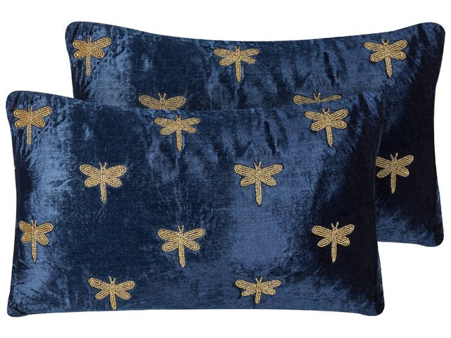 Set of 2 Decorative Cushions Navy Blue Velvet 30 x 50 cm Animal Pattern Dragonfly Motif Modern Glamour Living Room Bedroom Pillow Beliani