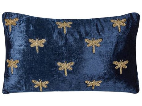 Decorative Cushion Navy Blue Velvet 30 x 50 cm Animal Pattern Dragonfly Motif Modern Glamour Living Room Bedroom Pillow Beliani