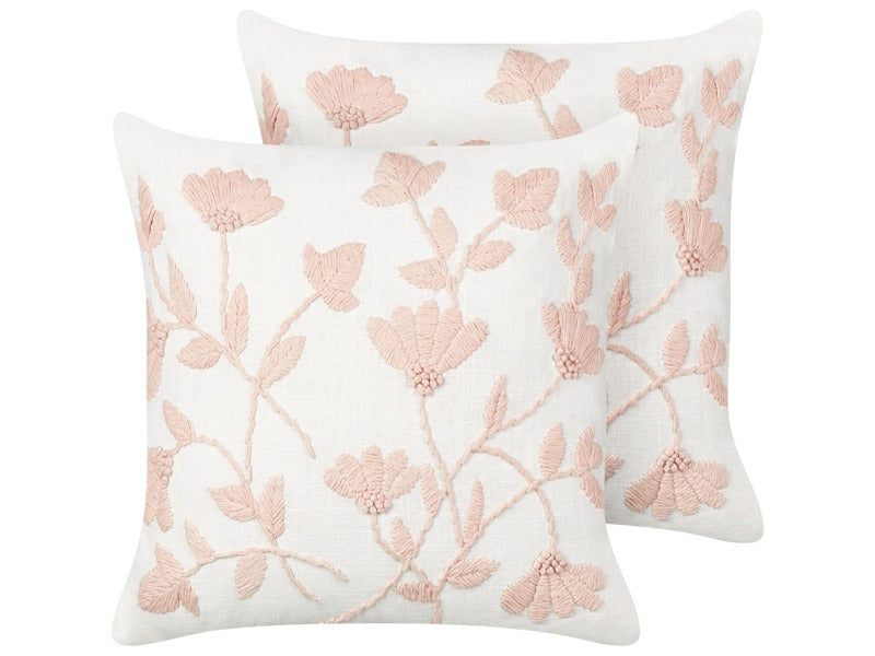 Set of 2 Scatter Cushions White and Pink Cotton 45 x 45 cm Handmade Throw Pillows Embroidered Floral Pattern Flower Motif Removable Cover Beliani