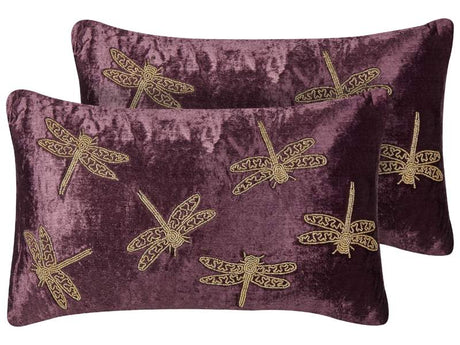 Set of 2 Decorative Cushions Purple Velvet 30 x 50 cm Animal Pattern Dragonfly Motif Modern Glamour Living Room Bedroom Pillow Beliani