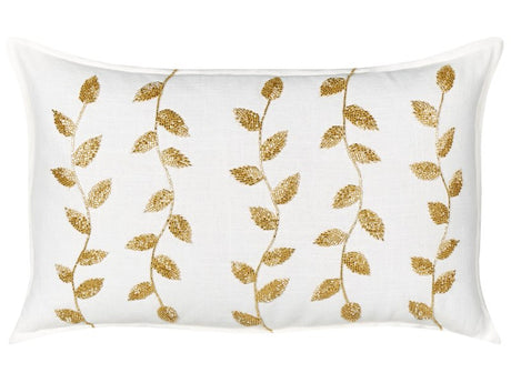 Scatter Cushion White and Gold Cotton 30 x 50 cm Rectangular Handmade Throw Pillow Embroidered Leaves Pattern Flower Motif Removable Cover Beliani