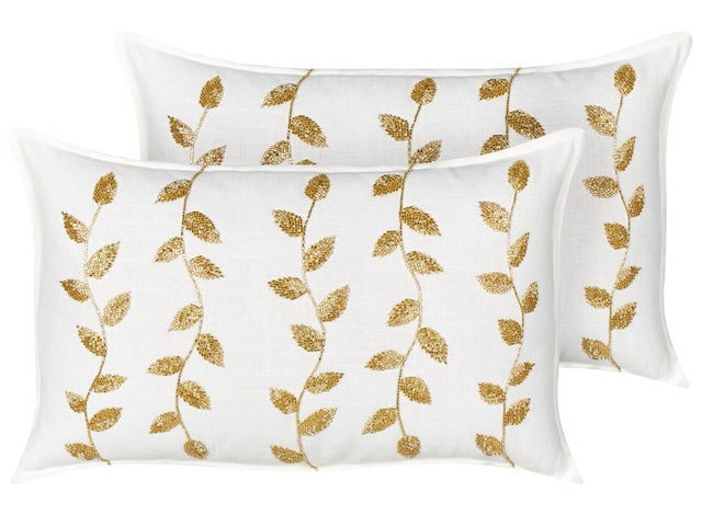 Set of 2 Scatter Cushions White and Gold Cotton 30 x 50 cm Rectangular Handmade Throw Pillow Embroidered Leaves Pattern Flower Motif Removable Cover Beliani