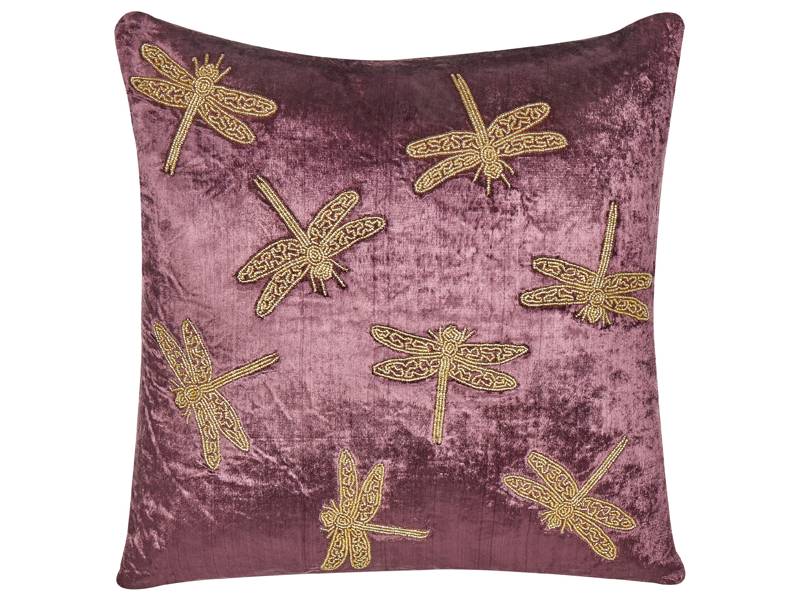 Decorative Cushion Purple Velvet 45 x 45 cm Animal Pattern Dragonfly Motif Modern Glamour Living Room Bedroom Pillow Beliani