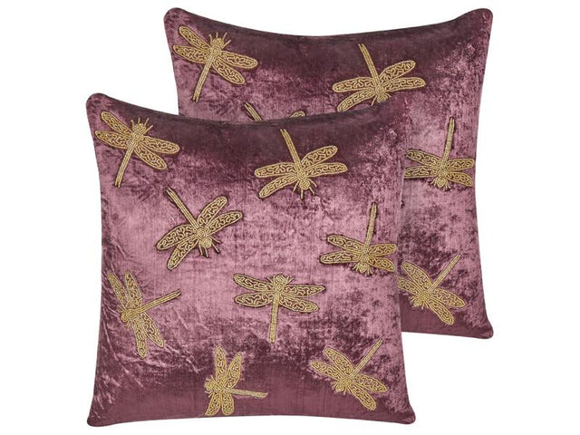 Set of 2 Decorative Cushions Purple Velvet 45 x 45 cm Animal Pattern Dragonfly Motif Modern Glamour Living Room Bedroom Pillow Beliani