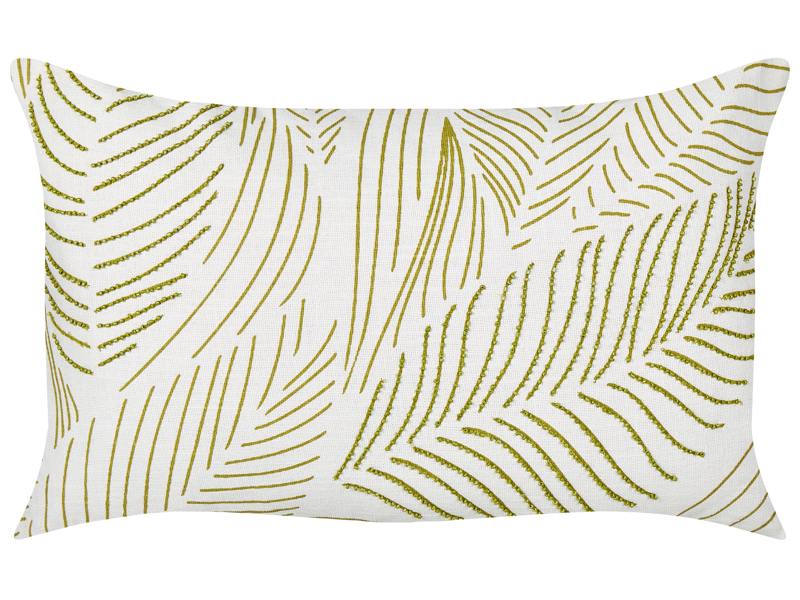 Scatter Cushion White and Green Cotton 30 x 50 cm Rectangular Handmade Throw Pillow Embroidered Leaves Pattern Flower Motif Removable Cover Beliani