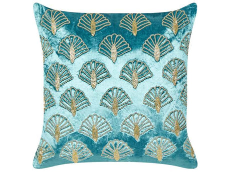 Scatter Cushion Turquoise and Gold Velvet 45 x 45 cm Square Handmade Throw Pillow Embroidered Seashell Pattern Removable Cover Beliani