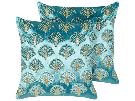 Set of 2 Scatter Cushions Turquoise and Gold Velvet 45 x 45 cm Square Handmade Throw Pillows Embroidered Seashell Pattern Removable Covers Beliani