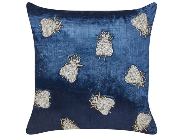 Scatter Cushion Navy Blue and Silver Velvet 45 x 45 cm Square Handmade Throw Pillow Embroidered Flies Pattern Removable Cover Beliani