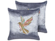 Set of 2 Scatter Cushions Grey Velvet 45 x 45 cm Square Handmade Throw Pillows Embroidered Animal Bird Pattern Removable Cover Beliani