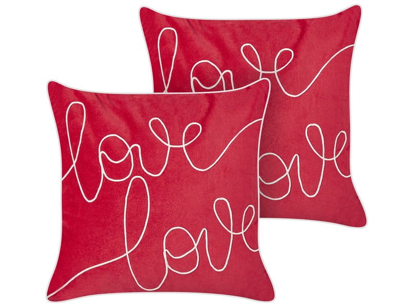 Set of 2 Scatter Cushions Red Velvet Cotton 45 x 45 cm Square Handmade Throw Pillows Embroidered Love Writing Removable Cover Beliani