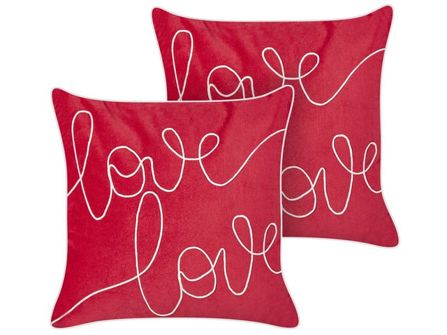 Set of 2 Scatter Cushions Red Velvet Cotton 45 x 45 cm Square Handmade Throw Pillows Embroidered Love Writing Removable Cover Beliani