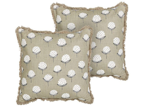 Set of 2 Scatter Cushions Beige Cotton 45 x 45 cm Square Handmade Throw Pillows Printed Floral Pattern Removable Cover Beliani