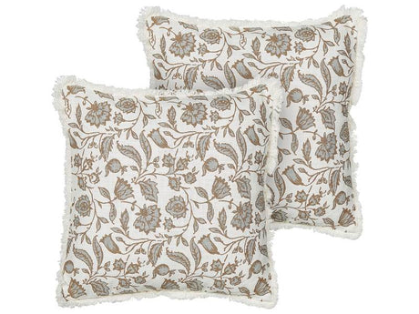 Set of 2 Scatter Cushions White and Grey Cotton 45 x 45 cm Square Handmade Throw Pillows Printed Floral Pattern Removable Cover Beliani