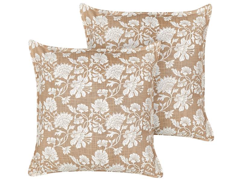 Set of 2 Scatter Cushions Beige and White Cotton 45 x 45 cm Square Handmade Throw Pillows Printed Floral Pattern Removable Cover Beliani