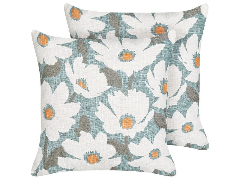 Set of 2 Scatter Cushions Blue Cotton 45 x 45 cm Floral Pattern Handmade Removable Cover with Filling Boho Style Beliani