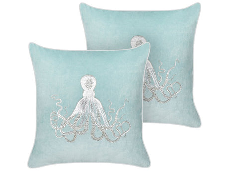 Set of 2 Scatter Cushions Blue Velvet 45 x 45 cm Marine Octopus Motif Square Polyester Filling Home Accessories Beliani