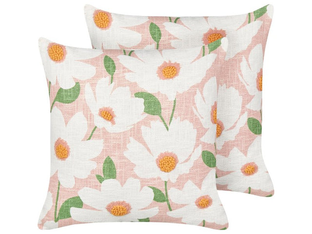 Set of 2 Scatter Cushions Pink Cotton 45 x 45 cm Floral Pattern Handmade Removable Cover with Filling Boho Style Beliani