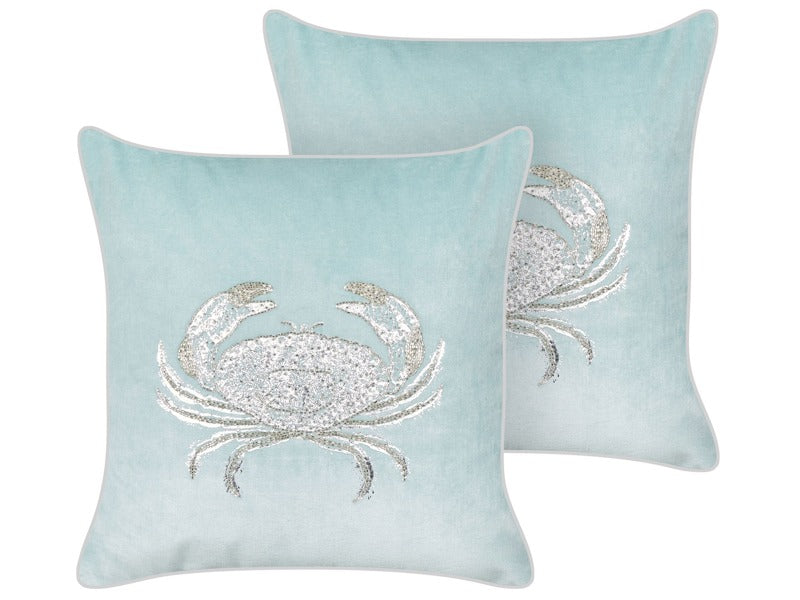 Set of 2 Scatter Cushions Blue Velvet 45 x 45 cm Marine Crab Motif Square Polyester Filling Home Accessories Beliani